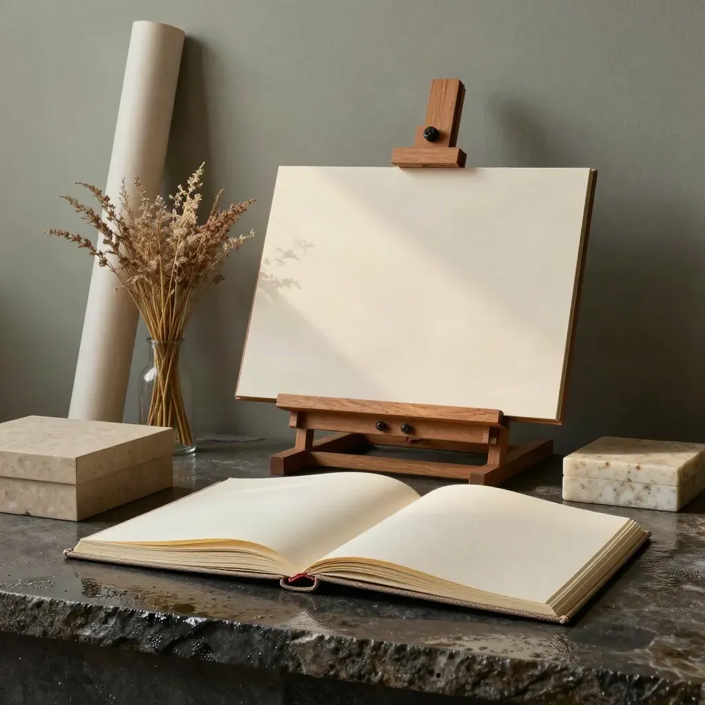Atelier fotografico premium con album aperto, stampa fine art e luce calda dopo la pioggia.