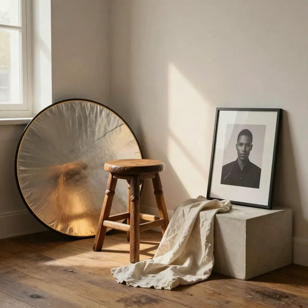 Set da ritratto in studio con sgabello in legno, fondale a mezzaluna e luce calda.
