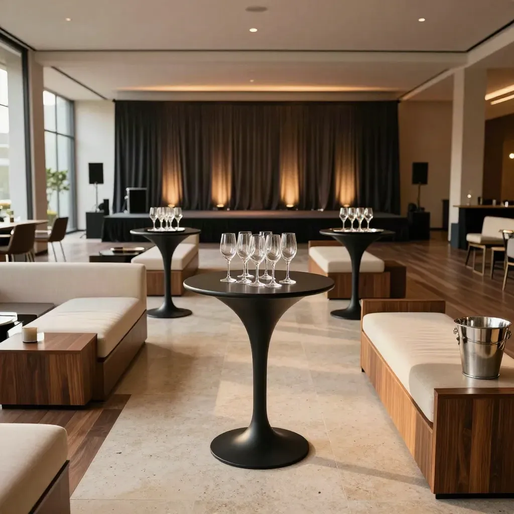 Sala eventi vuota con flûte, tavolini alti, lounge e palco basso illuminato