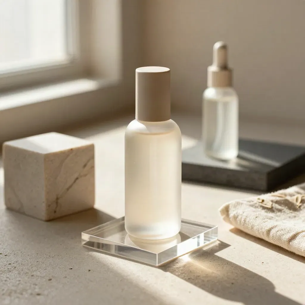 Bottiglia cosmetica satinata su podio acrilico con marmo e lino, luce calda di finestra.