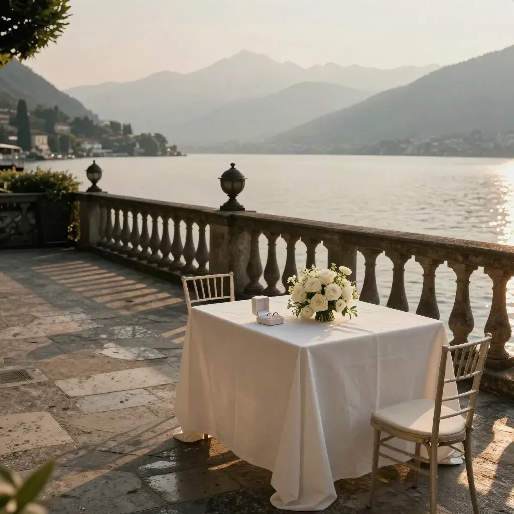 Terrazza sul Lago di Como con tavolo nuziale, fedi, bouquet bianco e montagne sul lago