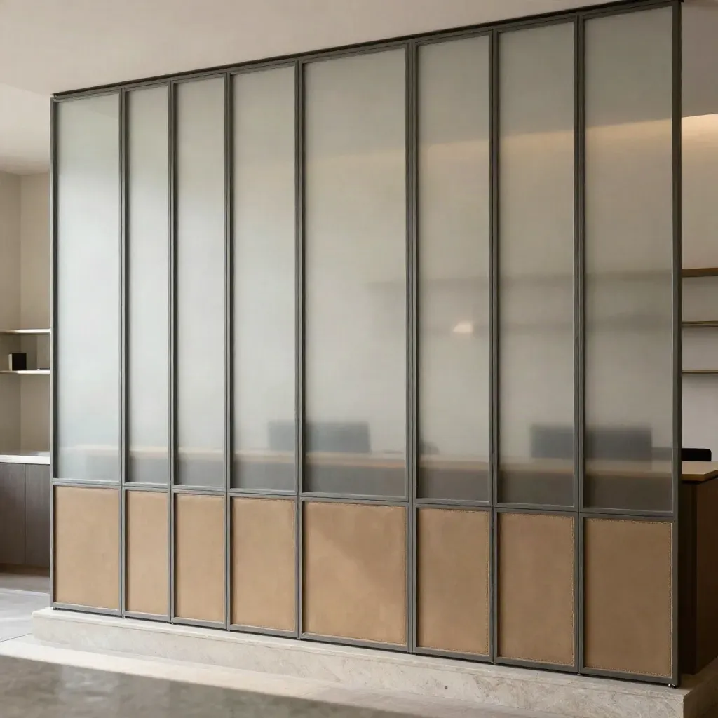 Parete reception di studio legale con 12 cornici verticali in vetro opaco e cuoio.