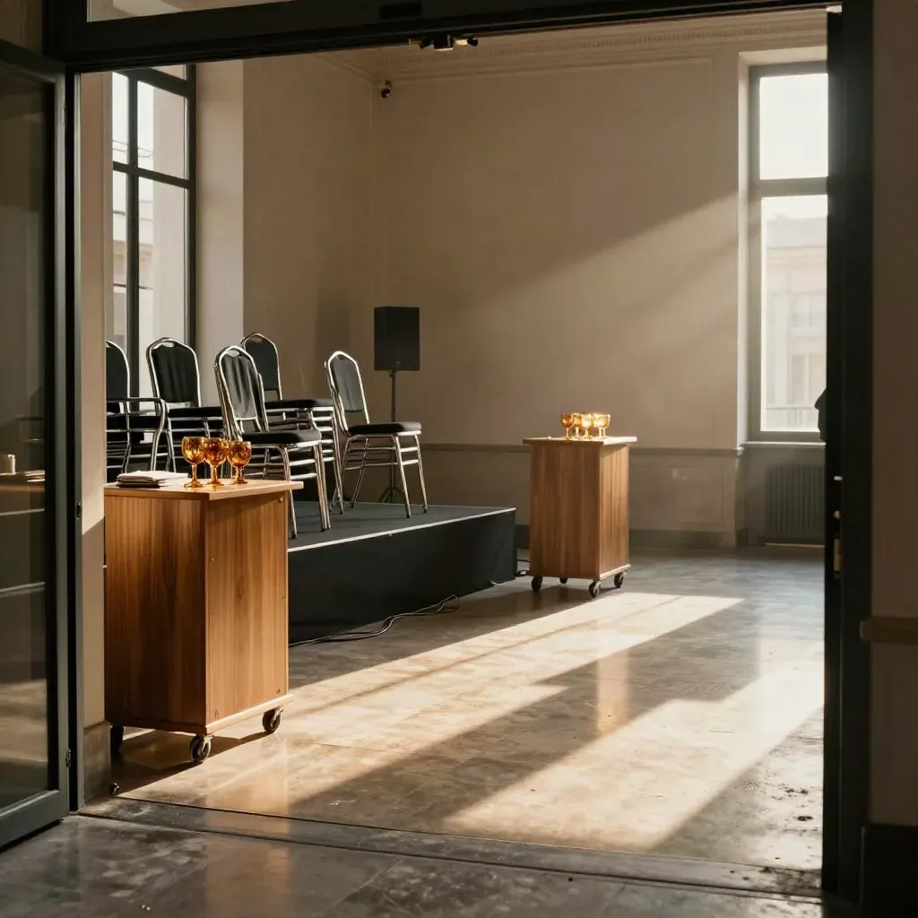 Sala eventi milanese vuota con palco basso, sedie impilate e pavimento lucido.