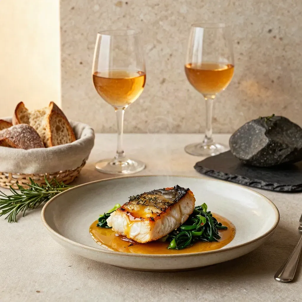 Tavolo di ristorante con piatto caldo, bicchieri, pane ed erbe su fondo in pietra.