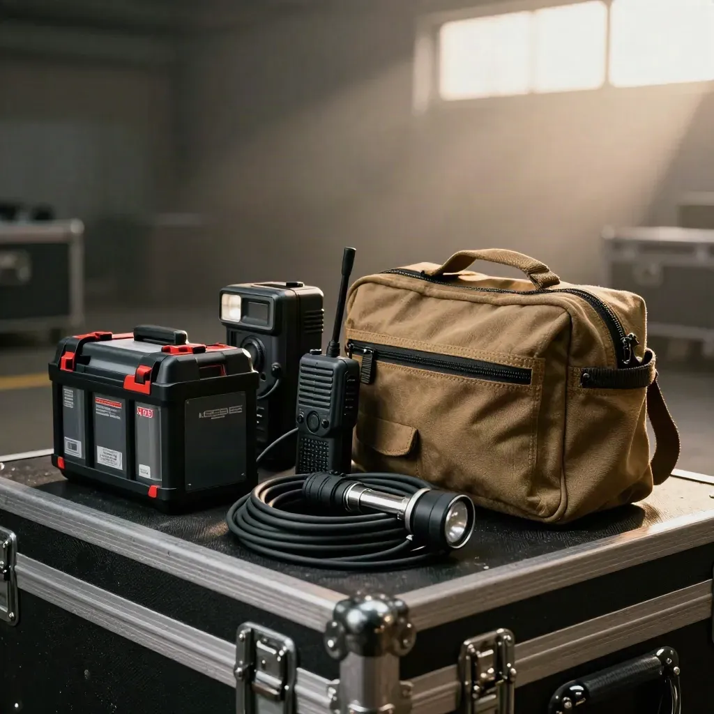 Flash da evento, trigger radio, torcia LED e pouch da service su road case scuro.