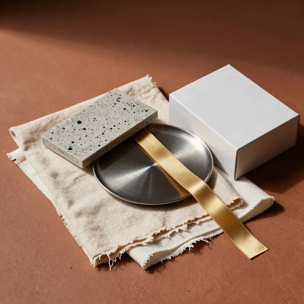 Mood board con lino, pietra, metallo spazzolato e nastro oro su piano terracotta