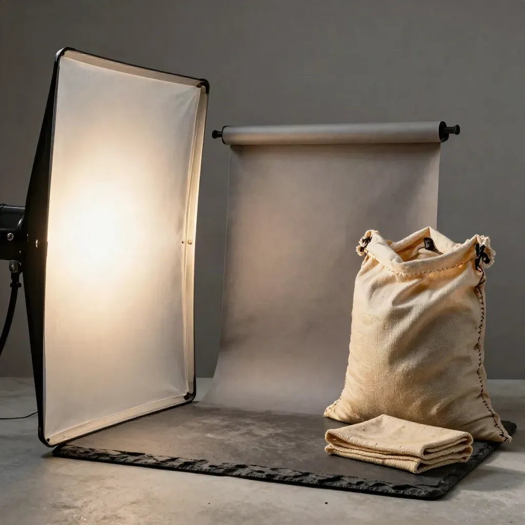Still life con beauty dish, diffusore, fondale seamless e sacco in canvas su pietra.
