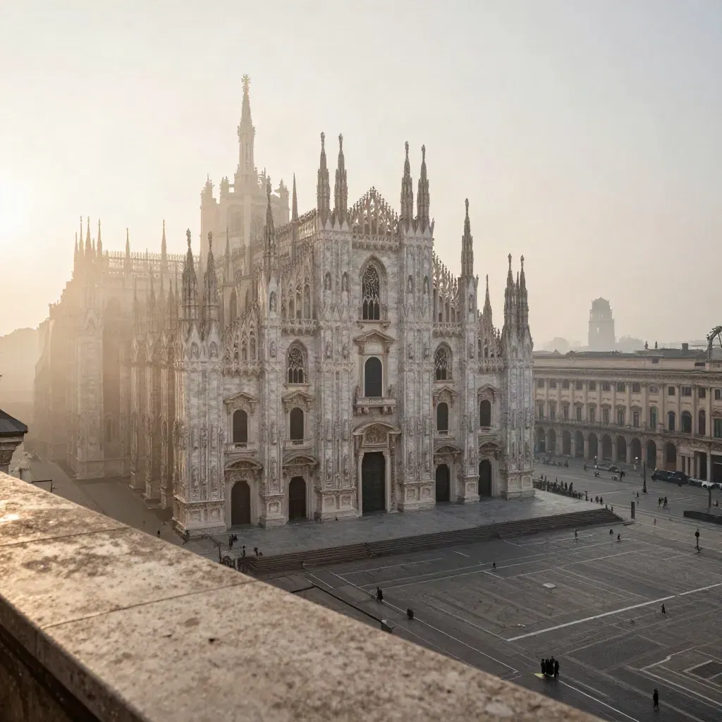 Il Duomo di Milano emerge dalla nebbia mattutina sopra una piazza quasi vuota