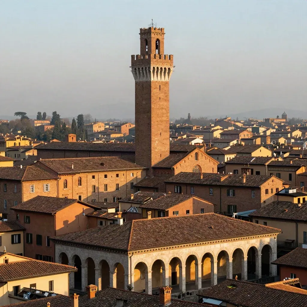 Torri degli Asinelli sopra i tetti di Bologna in luce calda e foschia mattutina