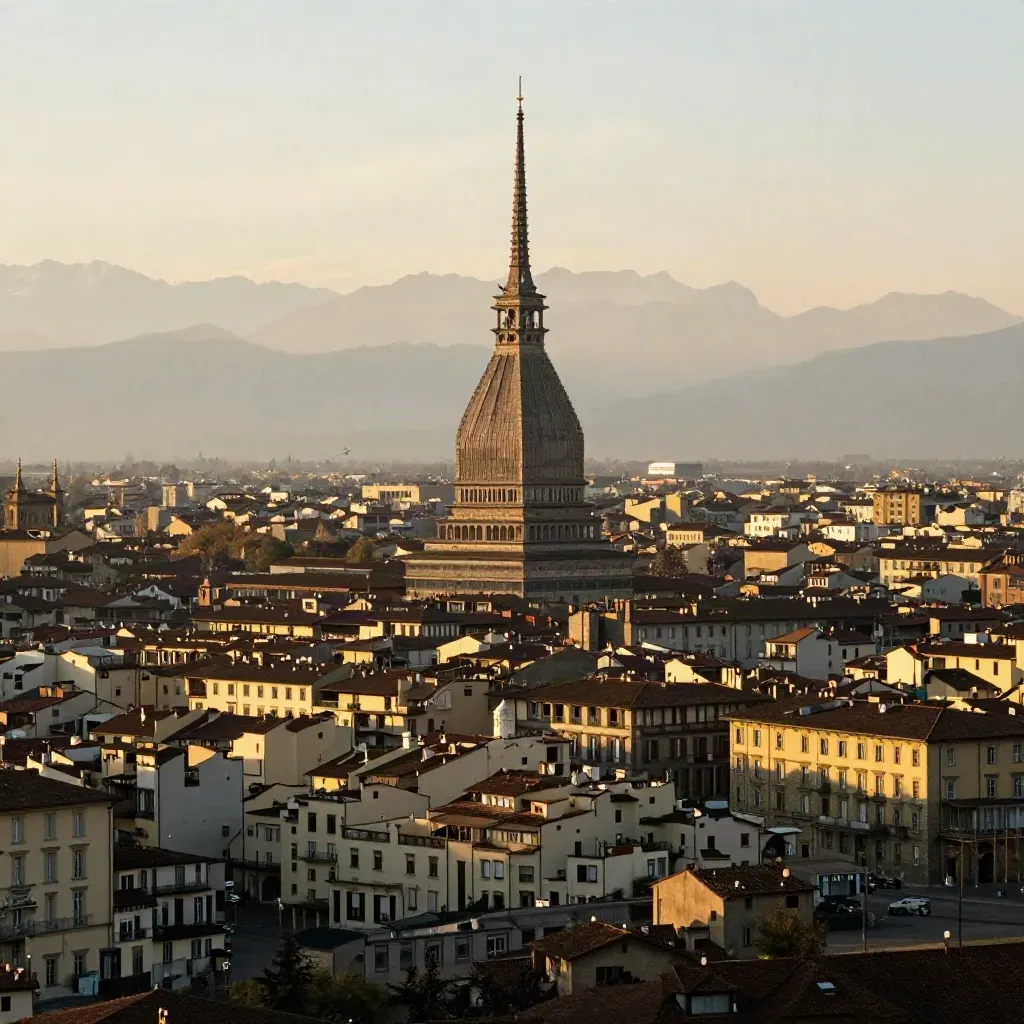 Mole Antonelliana su Torino al tramonto, con pianura e Alpi sullo sfondo.